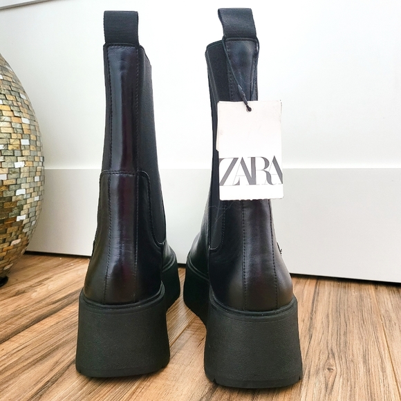 ZARA WOMEN'S FLAT LEATHER PLATFORM ANKLE BOOTS Black Genuine Leather US 9 NWT - Picture 10 of 15